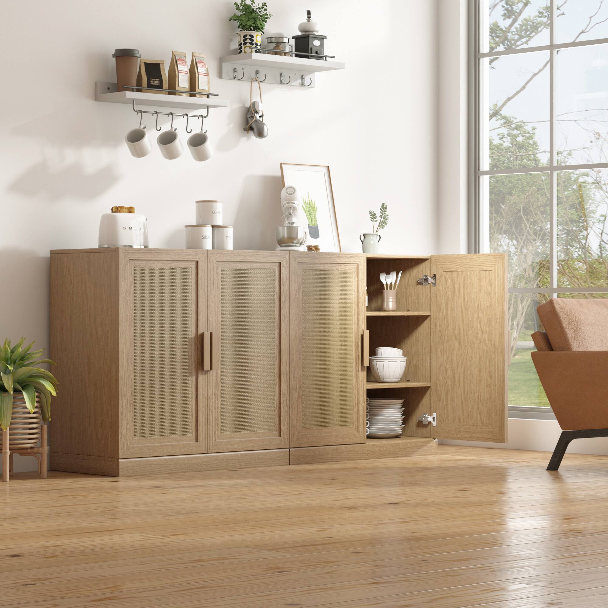 Alt View 3. PexFix - Farmhouse Buffet Sideboard, 31" Solid Wood Storage Cabinet with Woven Doors and 2 Adjustable Shelves for Entryway - Natural.