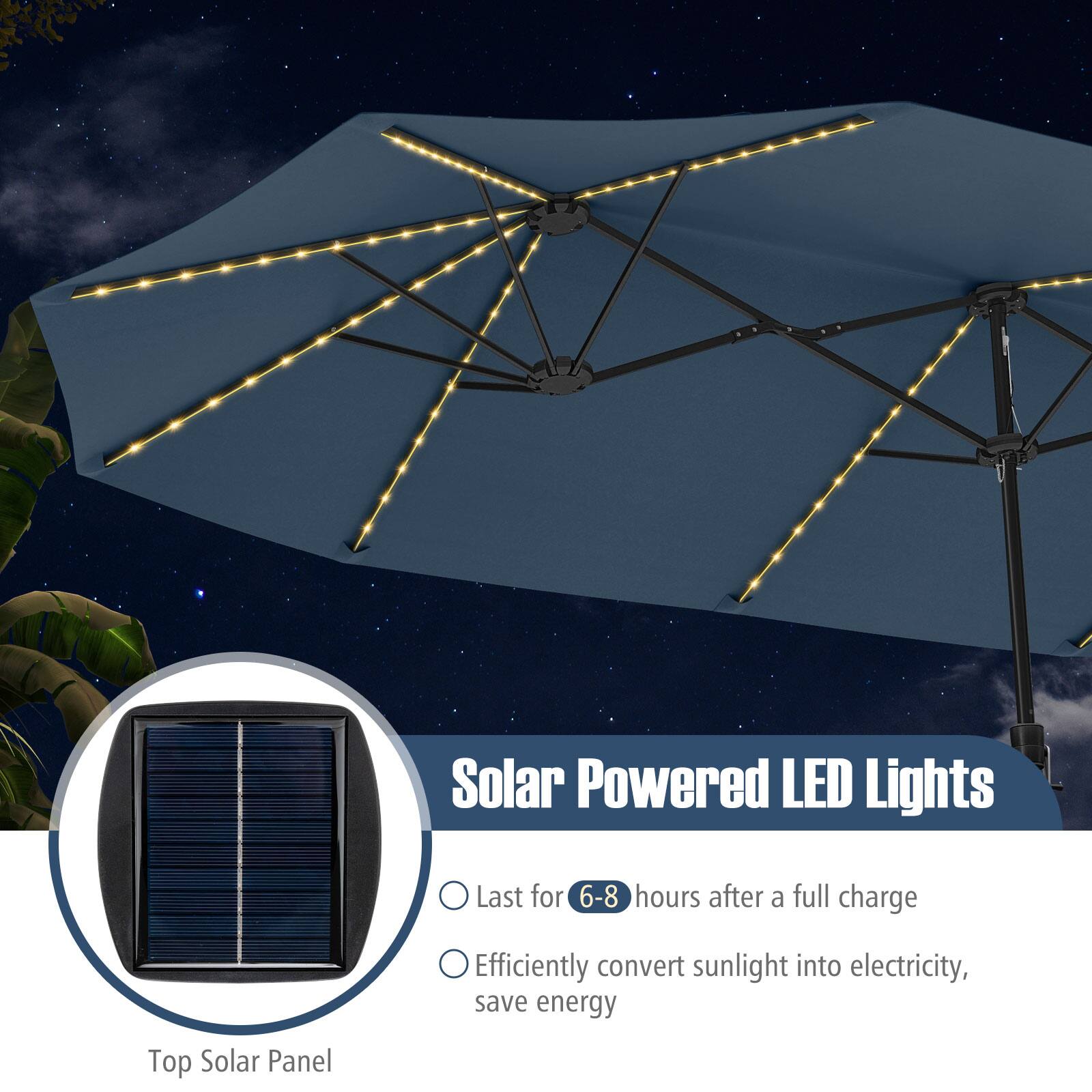 Solar Powered LED Lights:
- Last for 6-8 hours after a full charge
- Efficiently convert sunlight into electricity
- Save energy
- Top Solar Panel