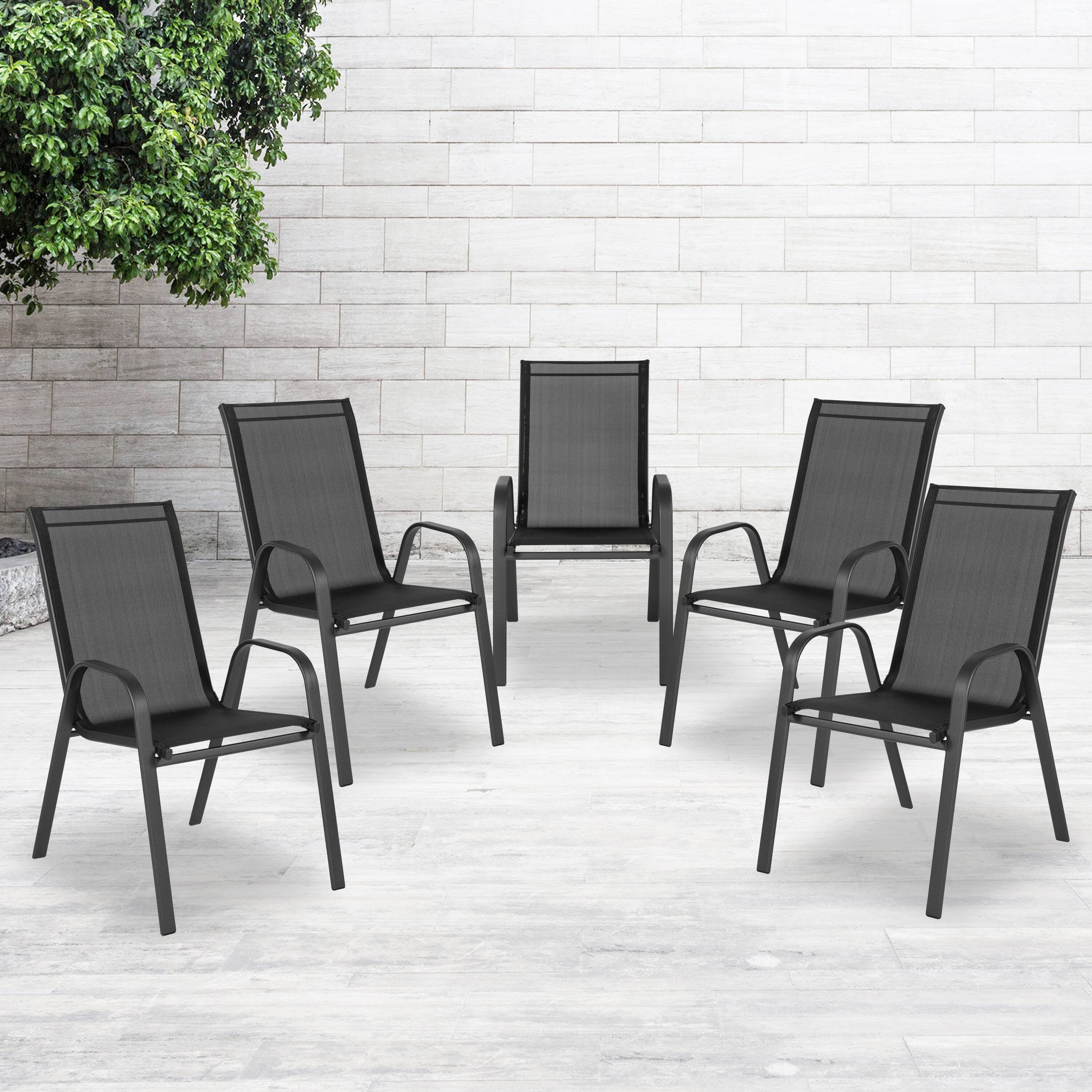 Alt View 2. Emma + Oliver - 5 Pack. Outdoor Stack Chair with Flex Comfort Material and Metal Frame - Black.