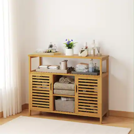 Front. Pefilos - Bamboo Bathroom Cabinet, Shelves and Doors, Slatted Design, Natural - Brown.
