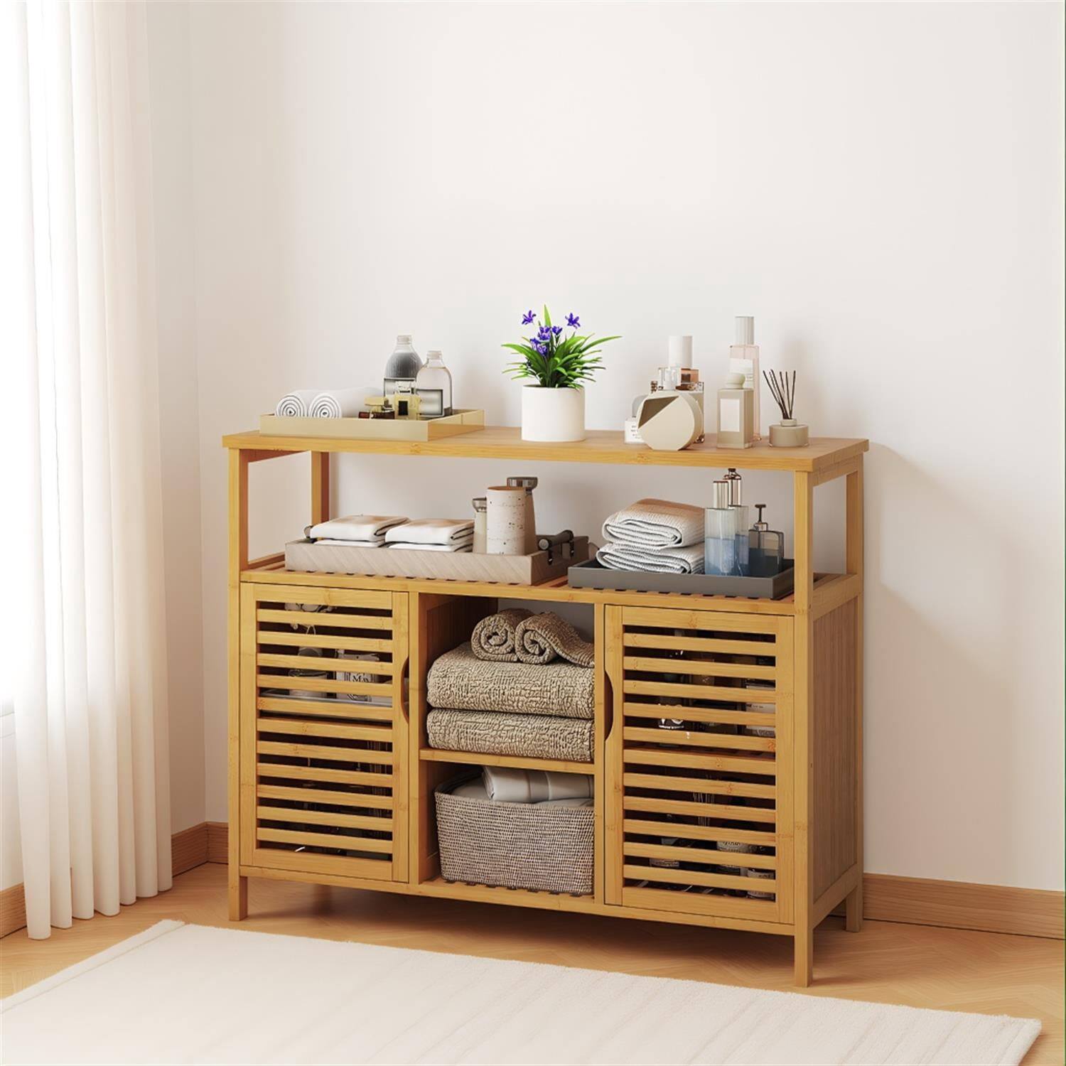 Front. Pefilos - Bamboo Bathroom Cabinet, Shelves and Doors, Slatted Design, Natural - Brown.
