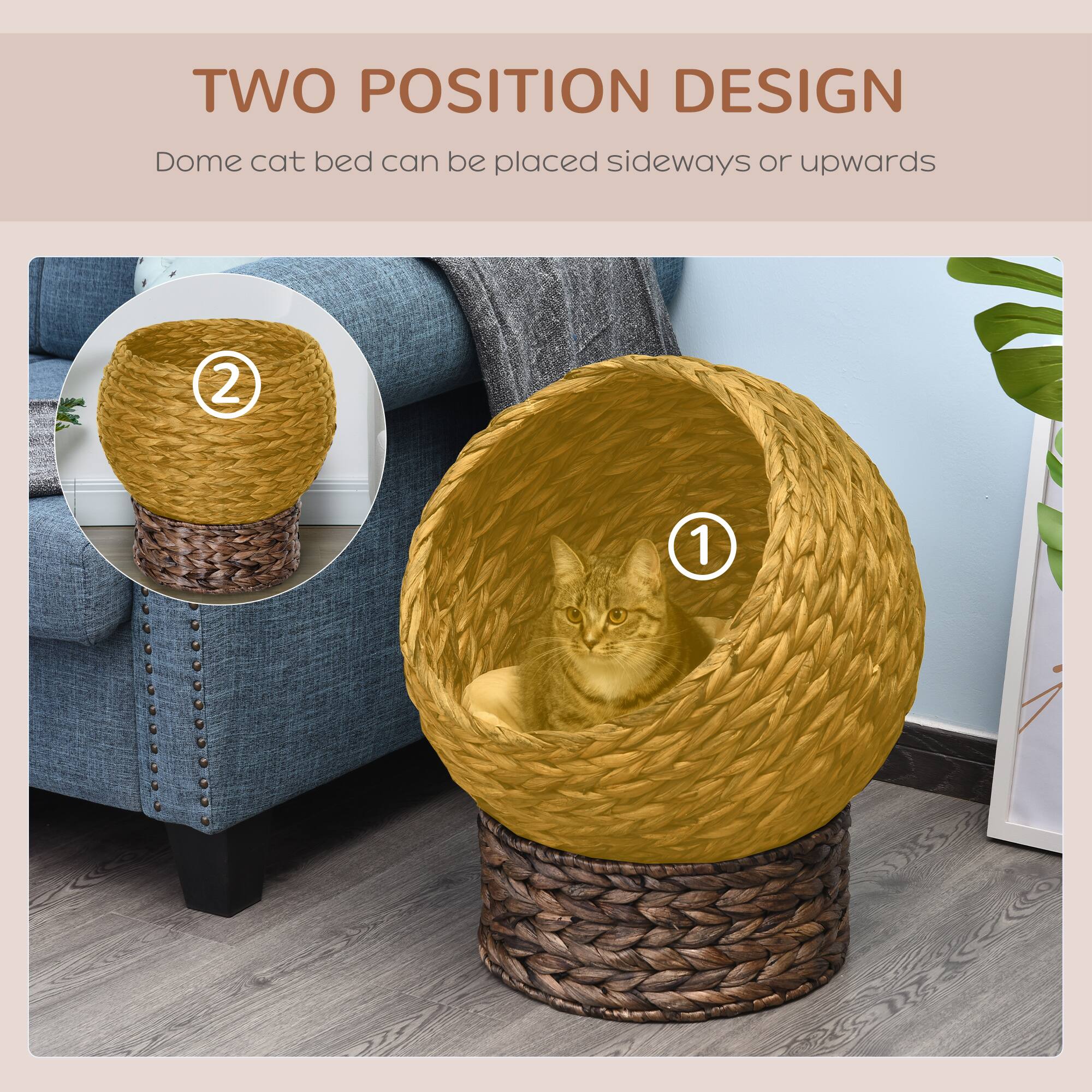 TWO POSITION DESIGN  
Dome cat bed can be placed sideways or upwards  

1  
2