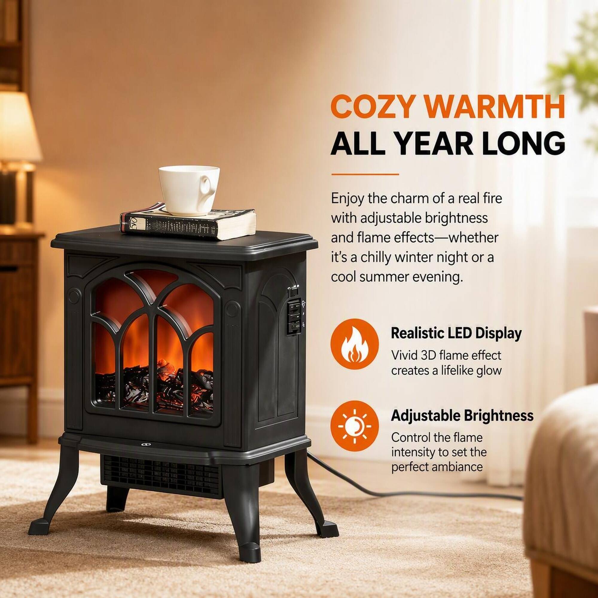 COZY WARMTH ALL YEAR LONG

Enjoy the charm of a real fire with adjustable brightness and flame effects—whether it's a chilly winter night or a cool summer evening.

Realistic LED Display
Vivid 3D flame effect creates a lifelike glow

Adjustable Brightness
Control the flame intensity to set the perfect ambiance