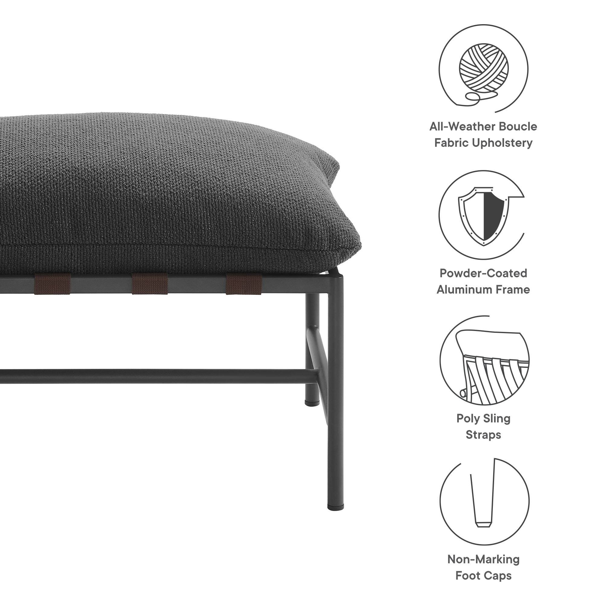 All-Weather Boucle Fabric Upholstery  
Powder-Coated Aluminum Frame  
Poly Sling Straps  
Non-Marking Foot Caps