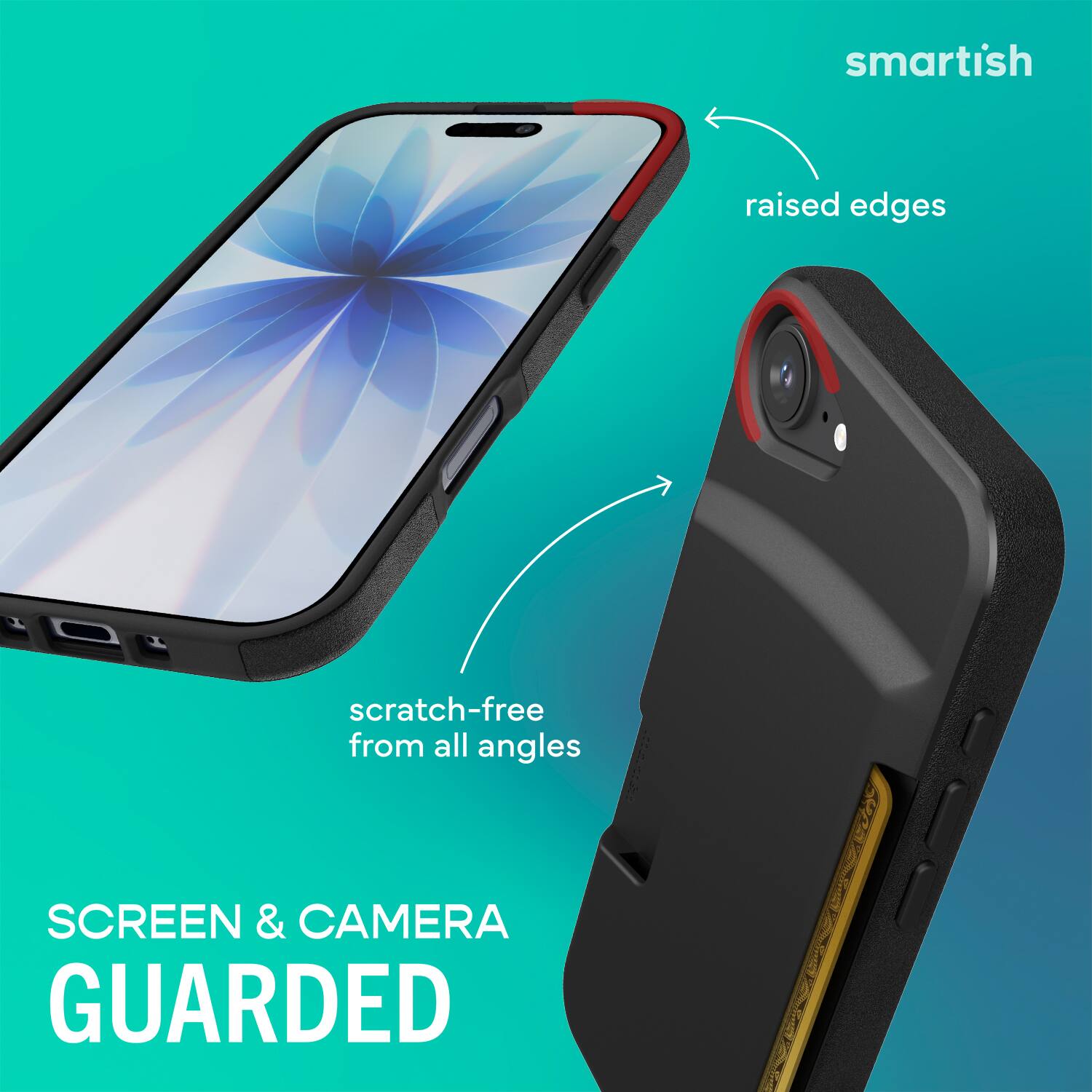 smartish  
raised edges  
scratch-free from all angles  
SCREEN & CAMERA GUARDED