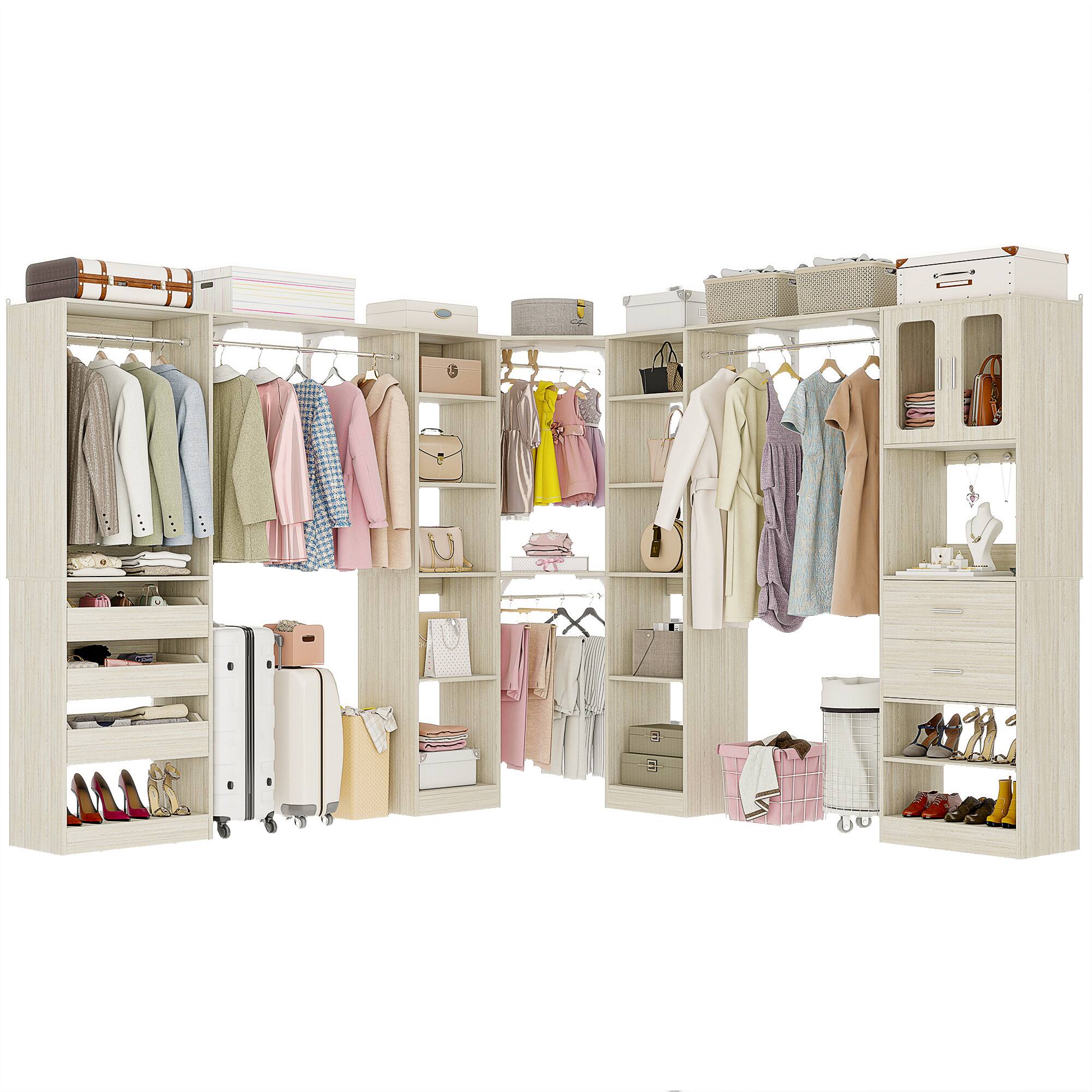 Angle. Aheaplus - 100'' Large Walk-in Closet Organizer System with Drawers, Hanging Rods and 20 Shelves for Storage, 3 Sets - Beige Oak.