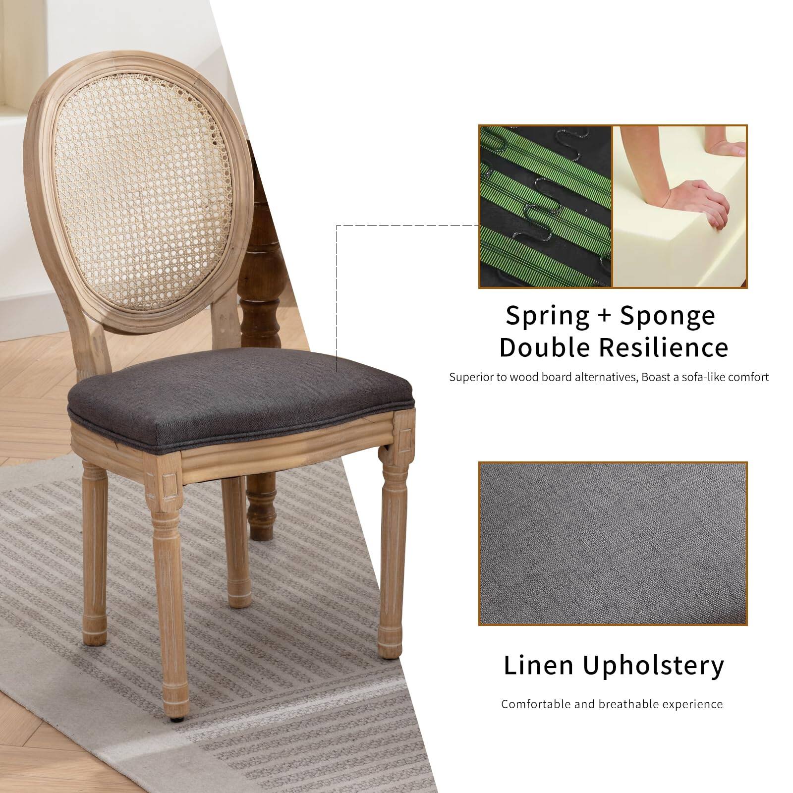 Spring + Sponge Double Resilience  
Superior to wood board alternatives, Boast a sofa-like comfort  

Linen Upholstery  
Comfortable and breathable experience