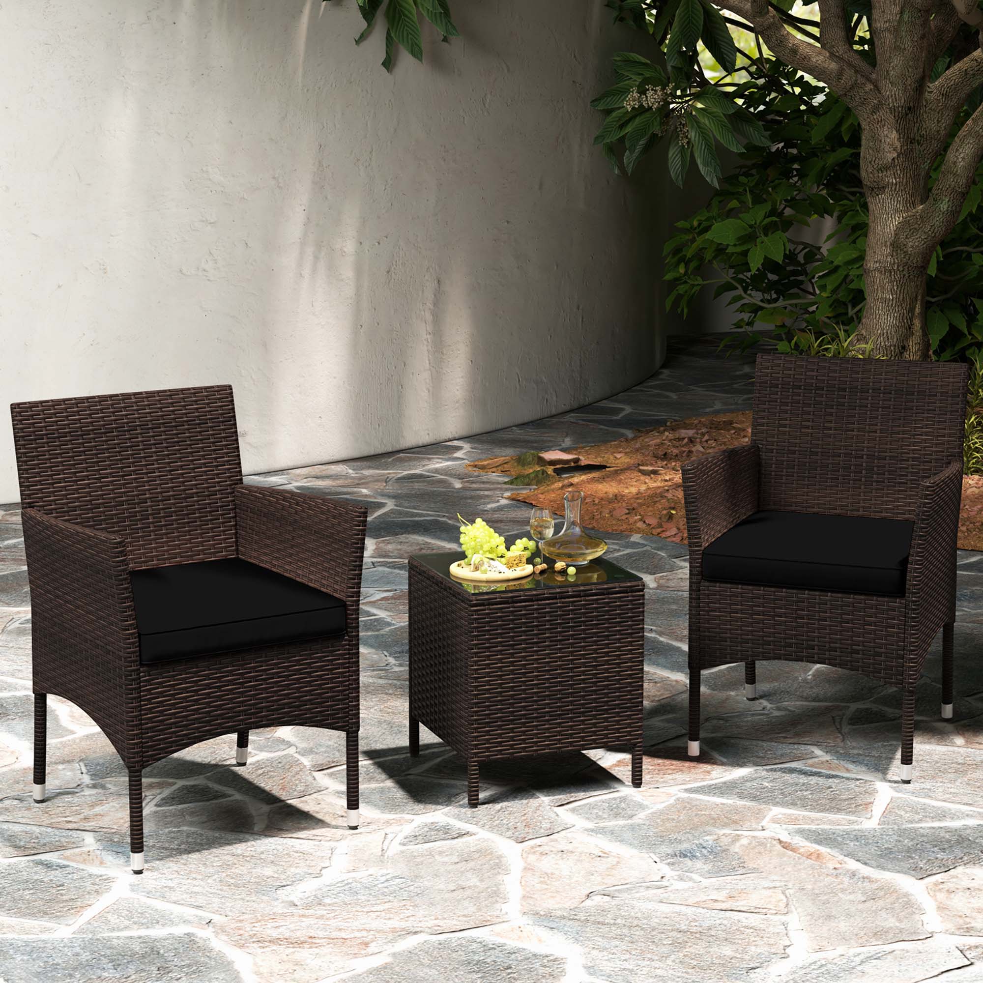 Alt View 1. Costway - 3 PCS Outdoor Conversation Set with Cushioned Seat & Tempered Glass Tabletop - Black,Mix Brown.