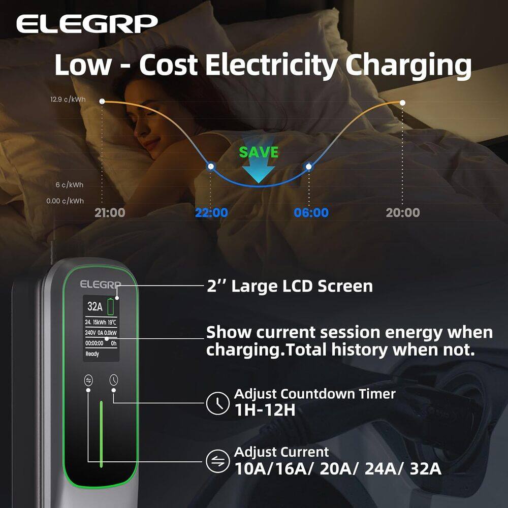 ELEGRP Low - Cost Electricity Charging

12.9 c/kWh SAVE 6 c/kWh 0.00 c/kWh 21:00 22:00 06:00 20:00

ELEGRP 32A

2" Large LCD Screen

24.15kWh 19°C 240V DA A0.0kW 00:00:00 Oh Ready

Show current session energy when charging. Total history when not.

Adjust Countdown Timer 1H-12H

Adjust Current 10A/16A/20A/24A/32A