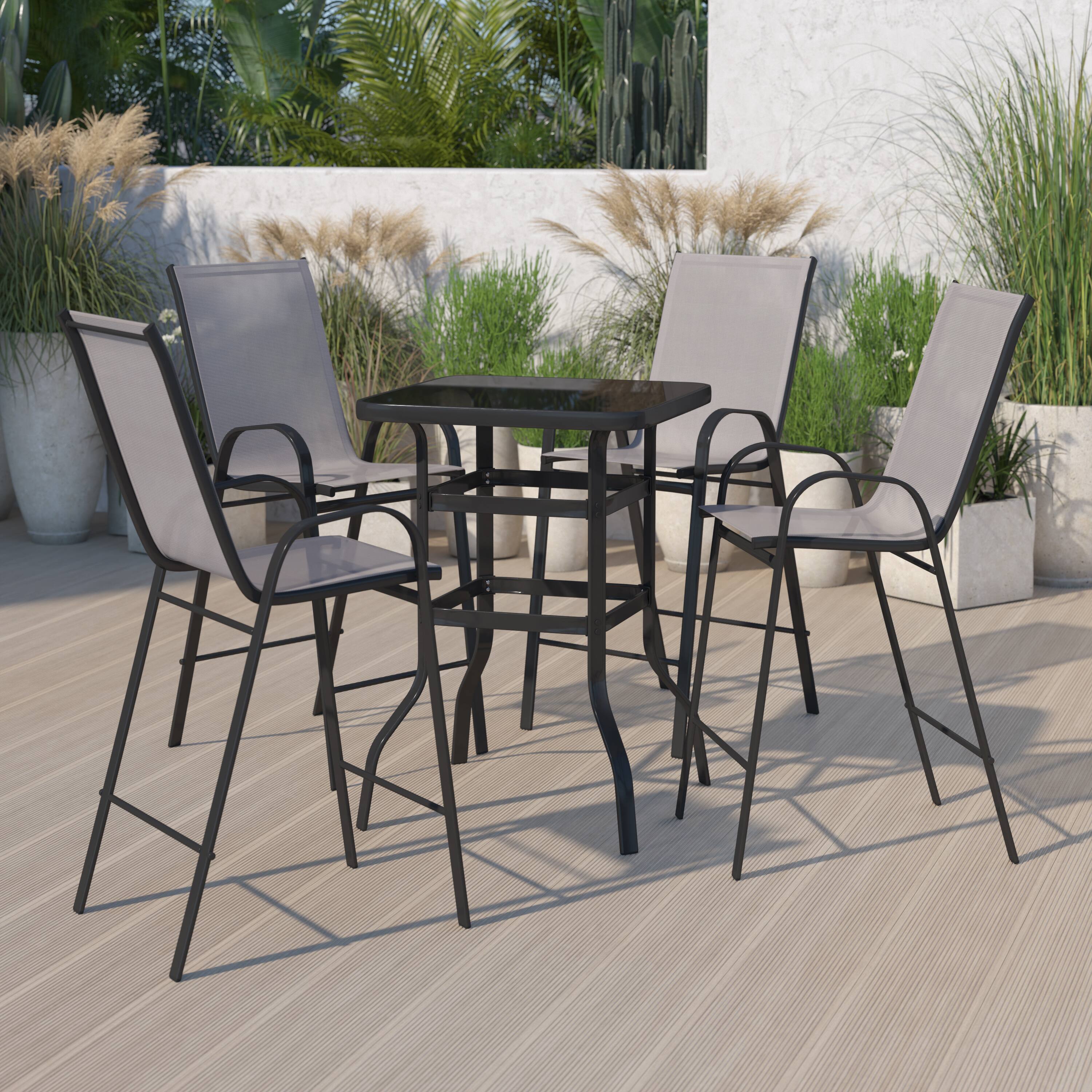 Alt View 1. Emma + Oliver - 5 Piece Outdoor Bar Height Set-Glass Patio Bar Table-All-Weather Barstools - Gray.