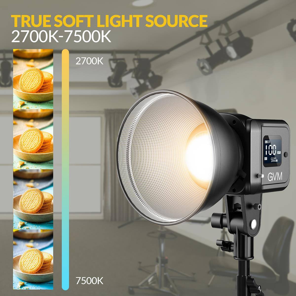 TRUE SOFT LIGHT SOURCE  
2700K-7500K  

2700K  
X 100  
con  
JOU  
GVM  
7500K