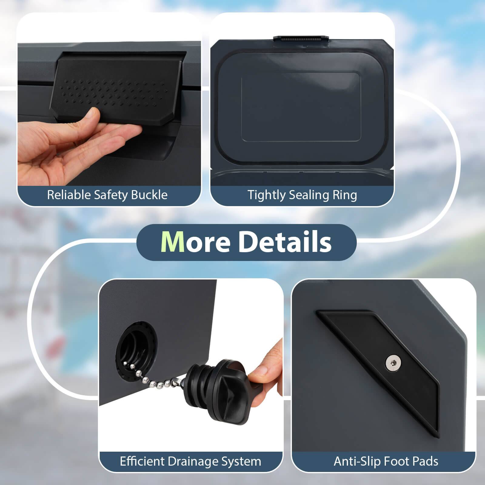 Reliable Safety Buckle  
Tightly Sealing Ring  
Efficient Drainage System  
Anti-Slip Foot Pads