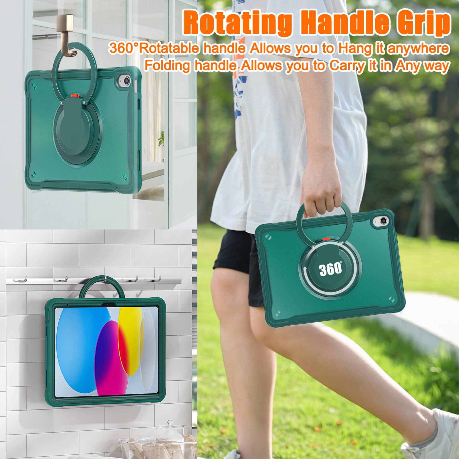 Rotating Handle Grip  
360° Rotatable handle Allows you to Hang it anywhere  
Folding handle Allows you to Carry it in Any way