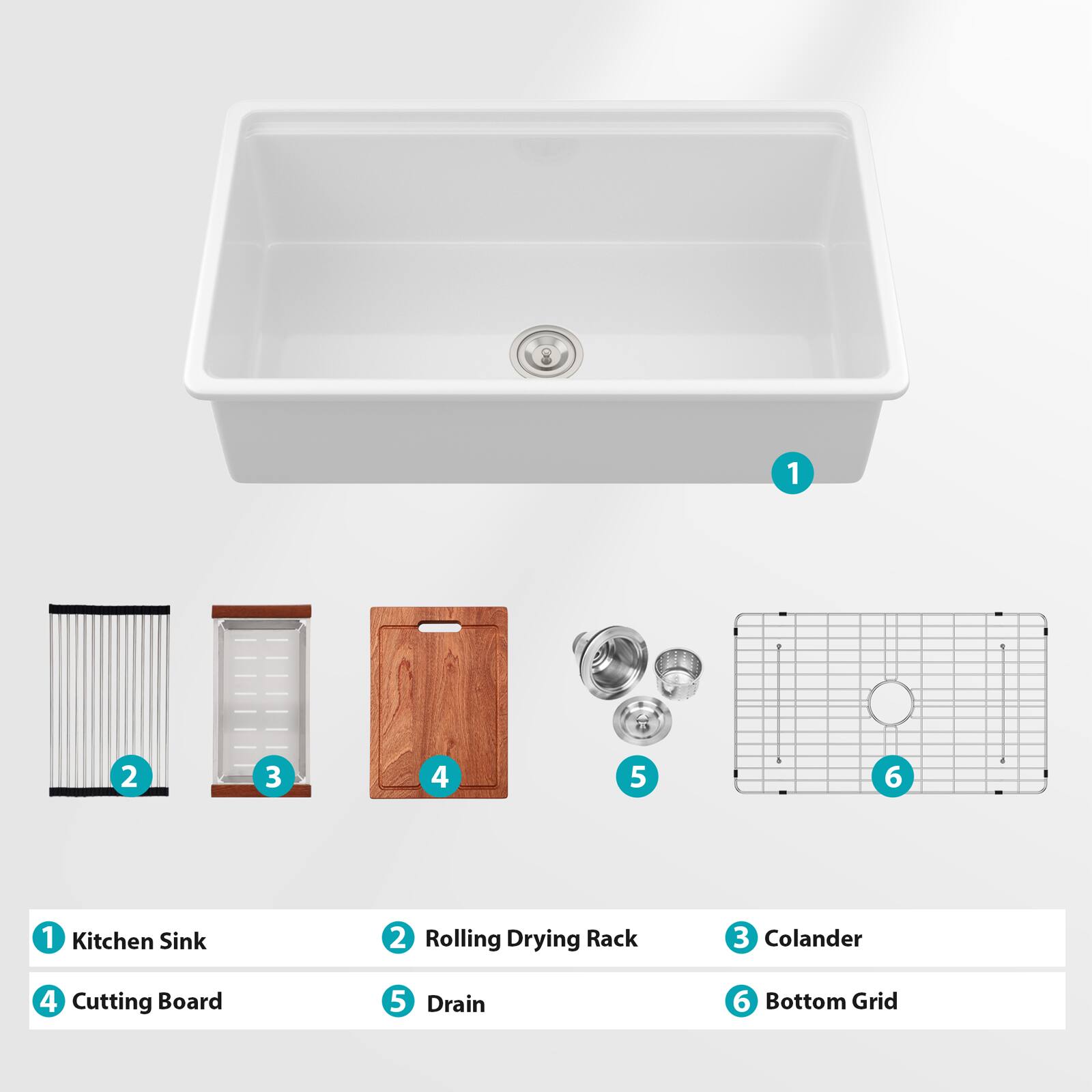 1. Kitchen Sink  
2. Rolling Drying Rack  
3. Colander  
4. Cutting Board  
5. Drain  
6. Bottom Grid