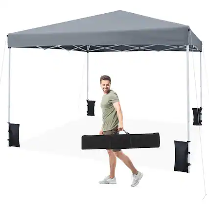 Front. Gymax - Gymax 10 x 10 FT Pop up Canopy Tent w/Carrying Bag 4 Sandbags 8 Stakes 4 Wind Ropes Grey - Gray.