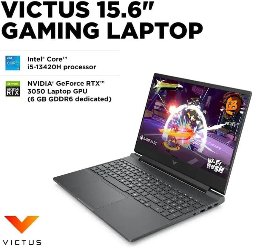 VICTUS 15.6" GAMING LAPTOP  
Intel Core i5-13420H processor  
NVIDIA GeForce RTX 3050 Laptop GPU (6 GB GDDR6 dedicated)  
GAMEPASS  
HI-FI RUSH  
VICTUS