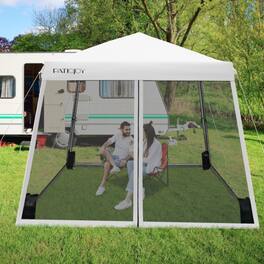 Mondawe - 10x10 FT Pop Up Canopy w Mesh Sidewalls & Roller Bag UPF 50+ Waterproof 3-Level Height - White