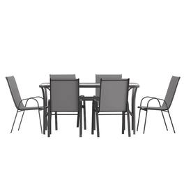 Emma + Oliver - Bartlett 7 Piece Outdoor Dining Set with Tempered Glass Top Patio Table and 6 Flex Comfort Textilene Stacking Chairs - Gray