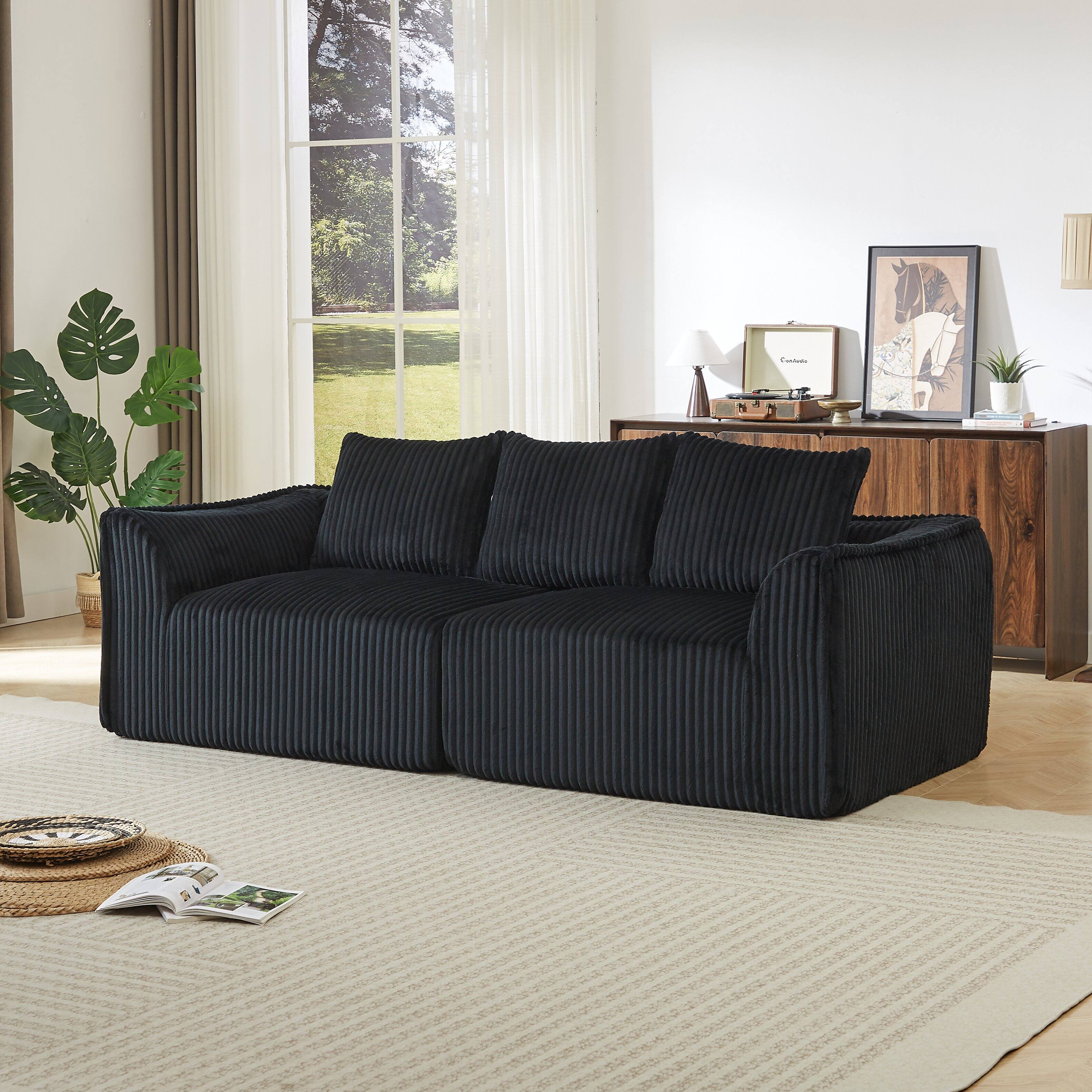 Angle. Anysun - 3-Seater Minimalist Corduroy Sofa with Curved Lines & Horn-Shaped Throw Pillows – Ergonomic Modular Cloud Sofa - Black.