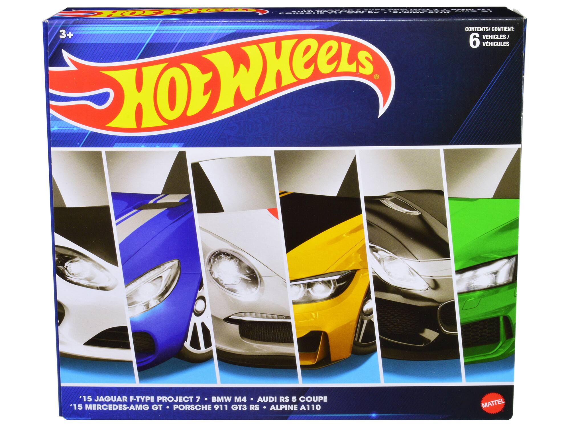 | AA  r HOR 2103 O RERUE-IT COR- .-IN- 41d CONTENTS/ CONTIENT: 3+ VEHICLES/ 6 VEHICULES HOTWHEELS '15 JAGUAR F-TYPE PROJECT 7 . BMW M4 AUDI RS 5 COUPE 15 MERCEDES-AMG GT PORSCHE 911 GT3 RS ALPINE A110 MATTEL