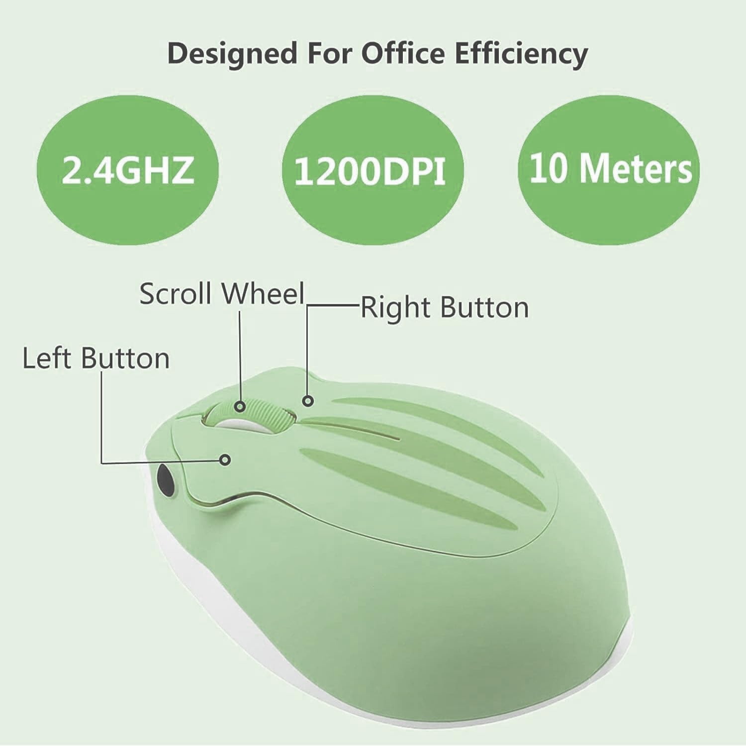 Designed For Office Efficiency

2.4GHz  
1200DPI  
10 Meters

Left Button  
Scroll Wheel  
Right Button