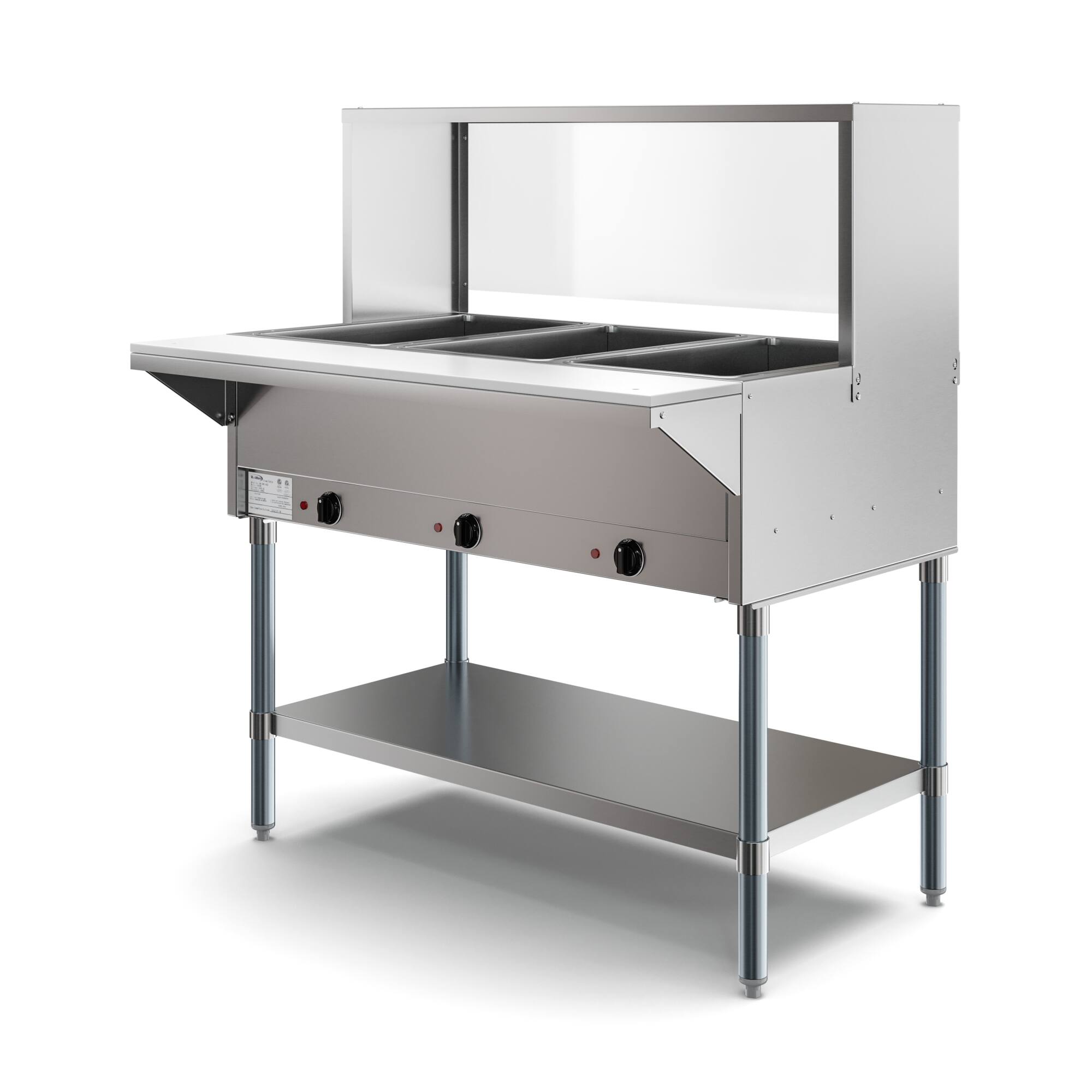 Left. Koolmore - Three Pan Open Well Electric Steam Table with Undershelf and Sneeze-Guard, KM-OWS-3SG. - Silver.