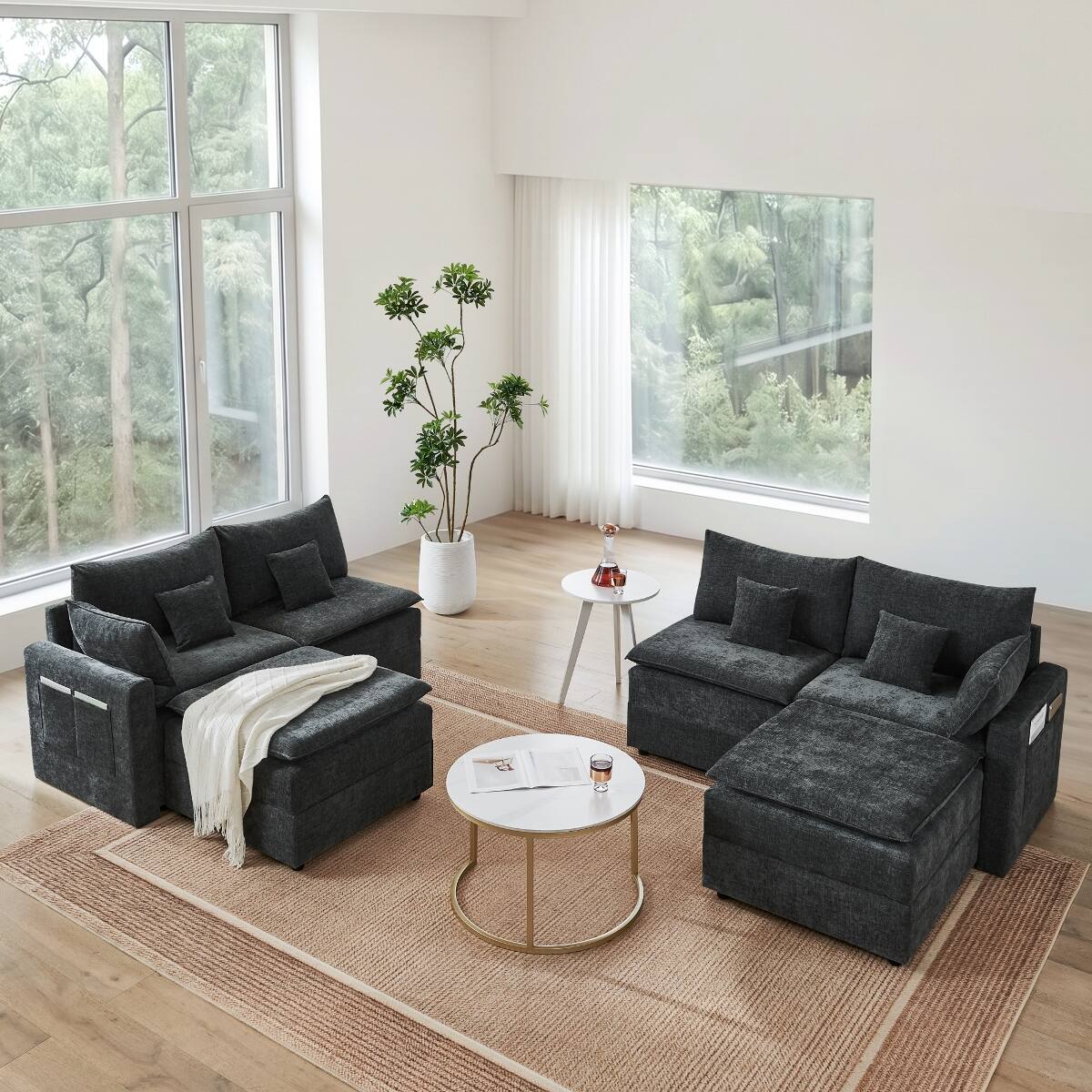 Alt View 1. Ropilly - Ropilly U Shaped Modular Sectional Sofa, Chenille Upholstered 6 Seat Deep Seat Couch, Black - Black.