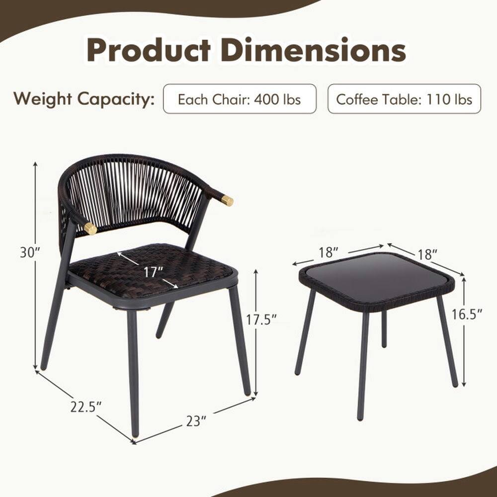 Product Dimensions  
Weight Capacity:  
Each Chair: 400 lbs  
Coffee Table: 110 lbs  

Chair:  
Height: 30"  
Seat Width: 17"  
Seat Depth: 17.5"  
Leg Width: 22.5"  
Leg Spread: 23"  

Coffee Table:  
Top Width: 18"  
Top Depth: 18"  
Leg Width: 16.5"