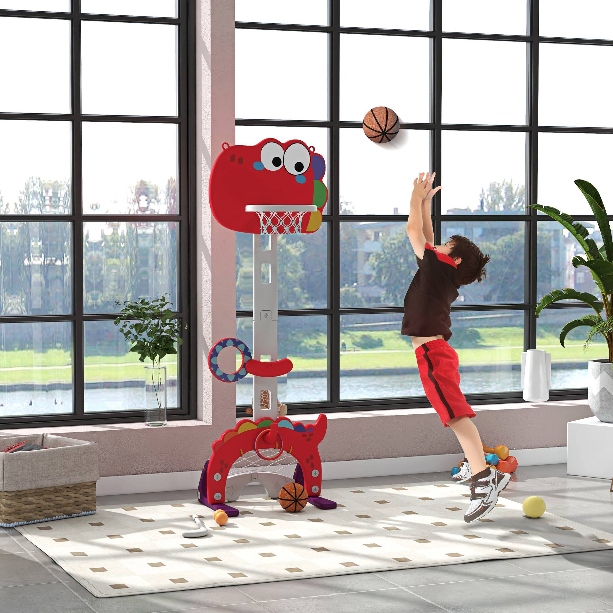 Alt View 8. Ecooso - 5-in-1 Kids Sports Activity Center, Adjustable Basketball Hoop w/ Soccer, Golf, Ring Toss & Toss Games - Red.