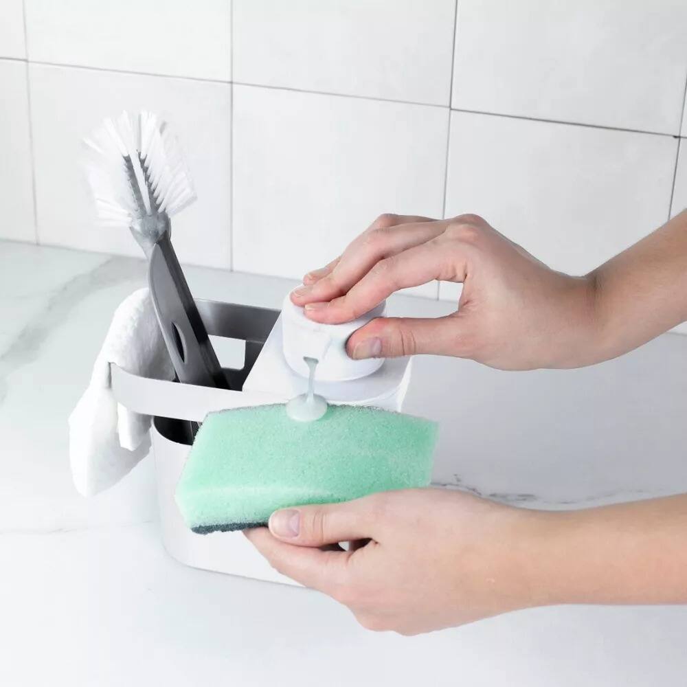 Alt View 1. OU - OU 22oz Soap Dispenser, Kitchen Soap Pump, Sponge & Dish Brush Holder, Gel & Dish Soaps Compatible - White - White.