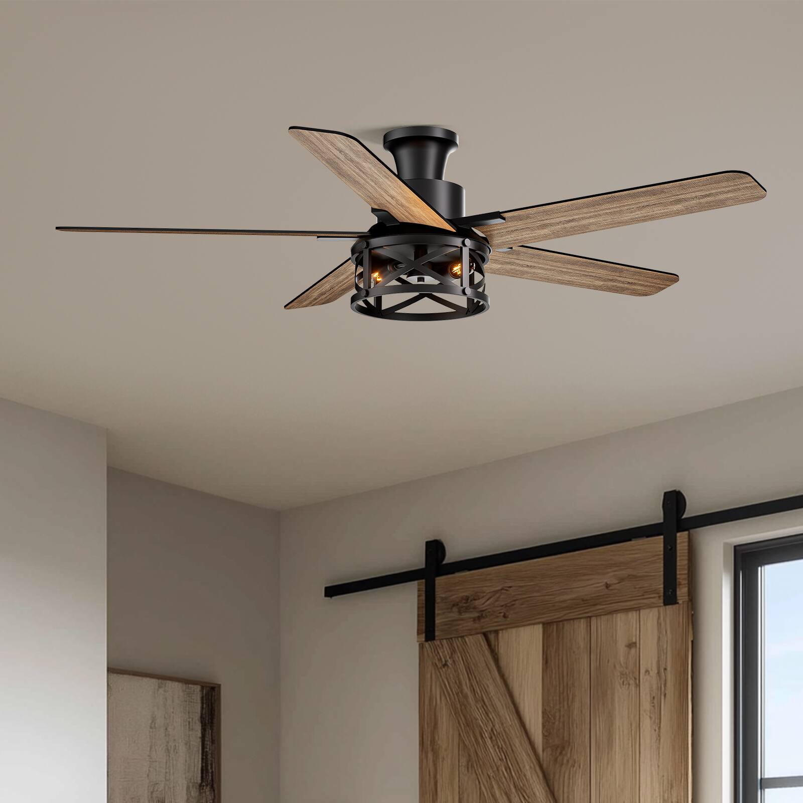 Left. Siljoy - 52-inch Modern Farmhouse Cage Flush Mount Fan with Light APP & Remote Control for Indoor Covered Patio - Matte Black.