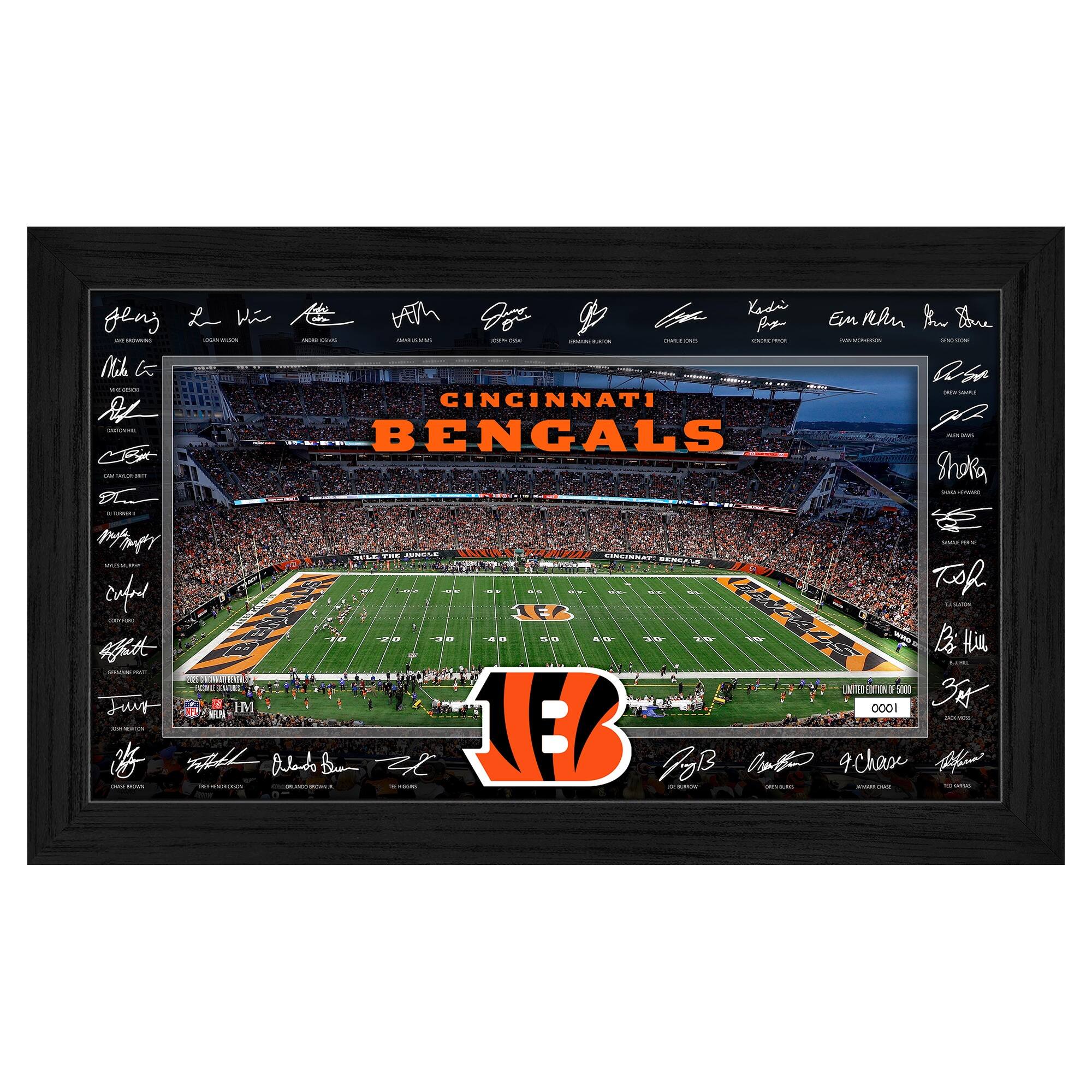 CINCINNATI BENGALS

LIMITED EDITION OF 500
0001

- Geno Atkins
- Nick Eason
- A.J. Green
- Andy Dalton
- Giovani Bernard
- Joe Mixon
- Tyler Eifert
- Marvin Lewis
- Chris Crocker
- Jermaine Gresham
- Cedric Benson
- Chad Johnson
- T.J. Houshmandzadeh
- Jeramy Stevens
- Jermaine Gresham
- Cedric Benson
- Chad Johnson
- T.J. Houshmandzadeh
- Jeramy Stevens
- Jermaine Gresham
- Cedric Benson
- Chad Johnson
- T.J. Houshmandzadeh
- Jeramy Stevens
- Jermaine Gresham
- Cedric Benson
- Chad Johnson
- T.J. Houshmandzadeh
- Jeramy Stevens
- Jermaine Gresham
- Cedric Benson
- Chad Johnson
- T.J. Houshmandzadeh
- Jeramy Stevens
- Jermaine Gresham
- Cedric Benson
- Chad Johnson