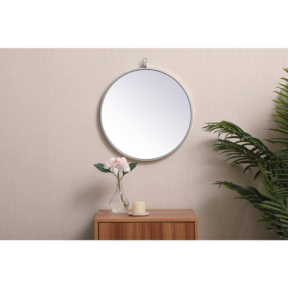 Front. Elegant Decor - Metal frame round mirror with decorative hook 18 inch in silver - Silver.
