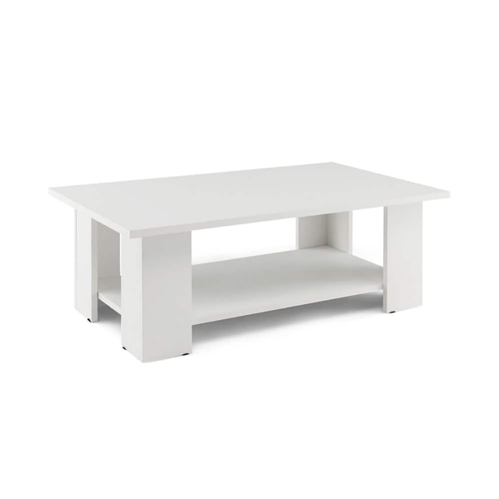 Kadyn - Large 36 Inch 2-tier Wooden Modern Coffee Table with Storage Shelf, Modern Coffee Table for Living Room Office Reception - White