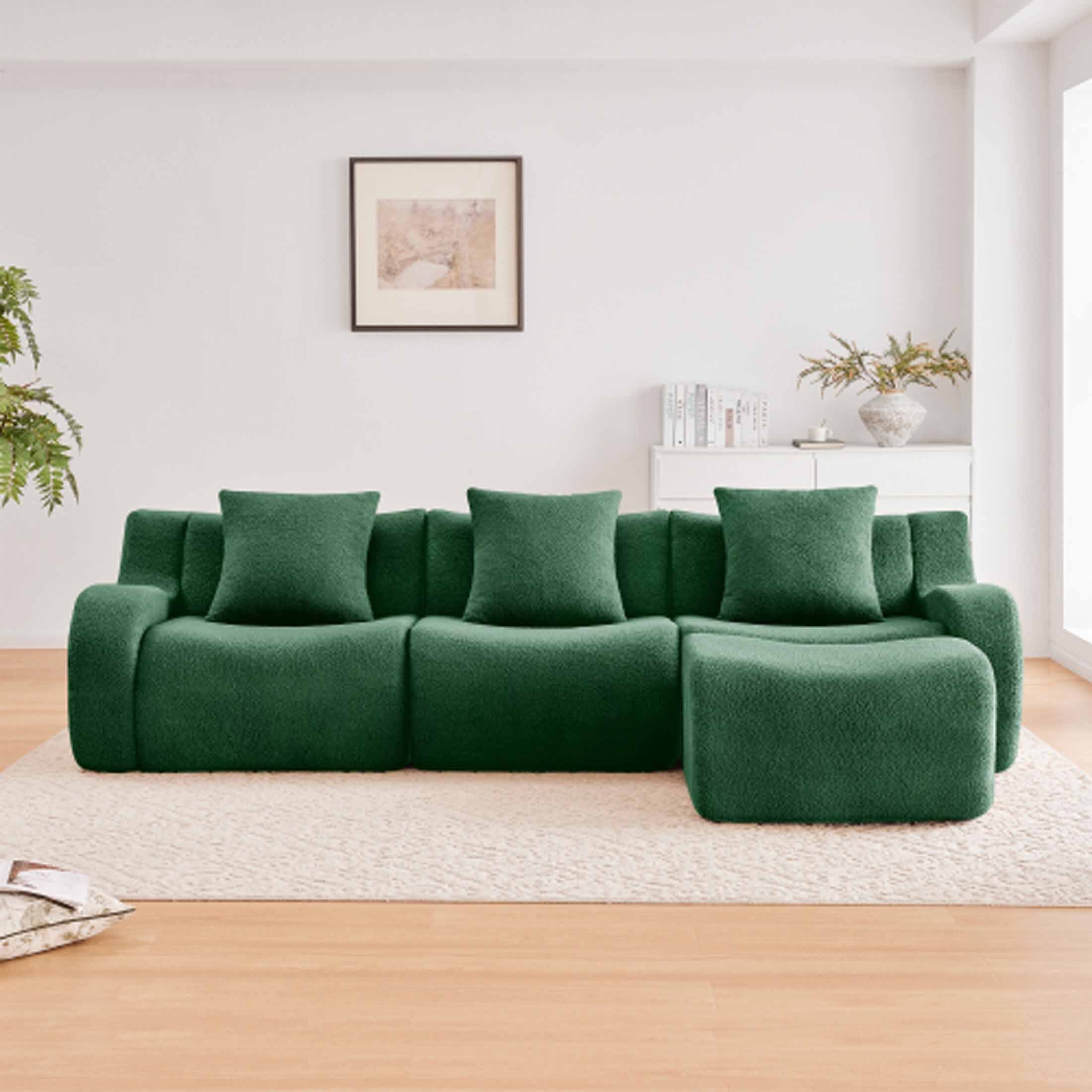 Angle. Aukfa - Modular Teddy Fabric Sofa - 3-Seat Sectional with 1 Ottoman, Soft Boneless Design for Living Room - Green.