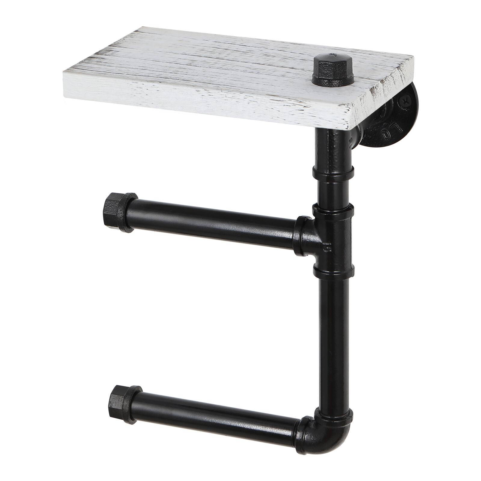 Angle. Oumilen - Industrial Pipe Double Toilet Paper Holder with Whitewashed Shelf – Wall Mounted 2-Roll Tissue Rack.