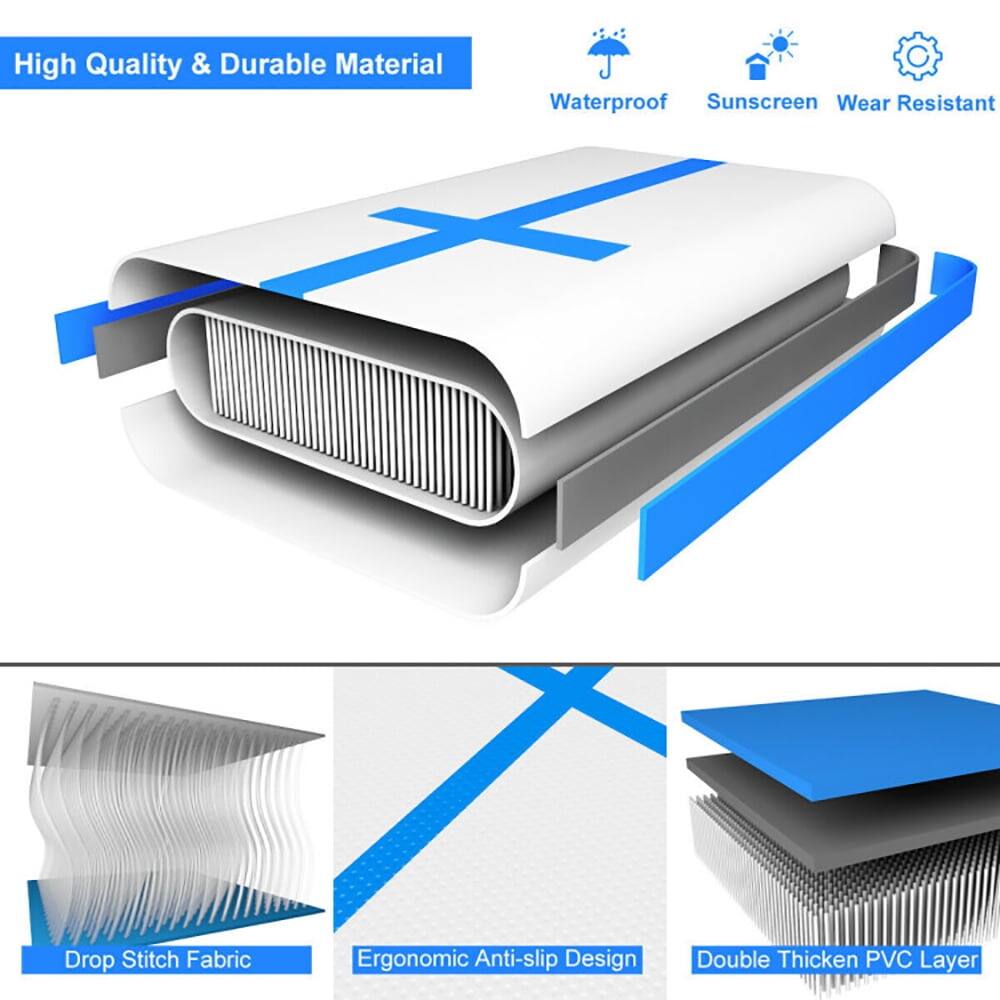 High Quality & Durable Material  
Waterproof  
Sunscreen  
Wear Resistant  
Drop Stitch Fabric  
Ergonomic Anti-slip Design  
Double Thickened PVC Layer