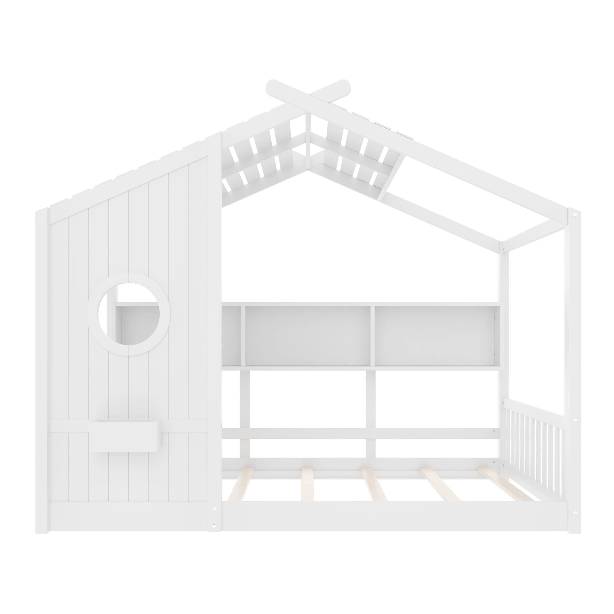 Back. GOODSILO - Montessori Floor House Bed for Toddlers with Storage Shelf and Playhouse Roof Design - White.