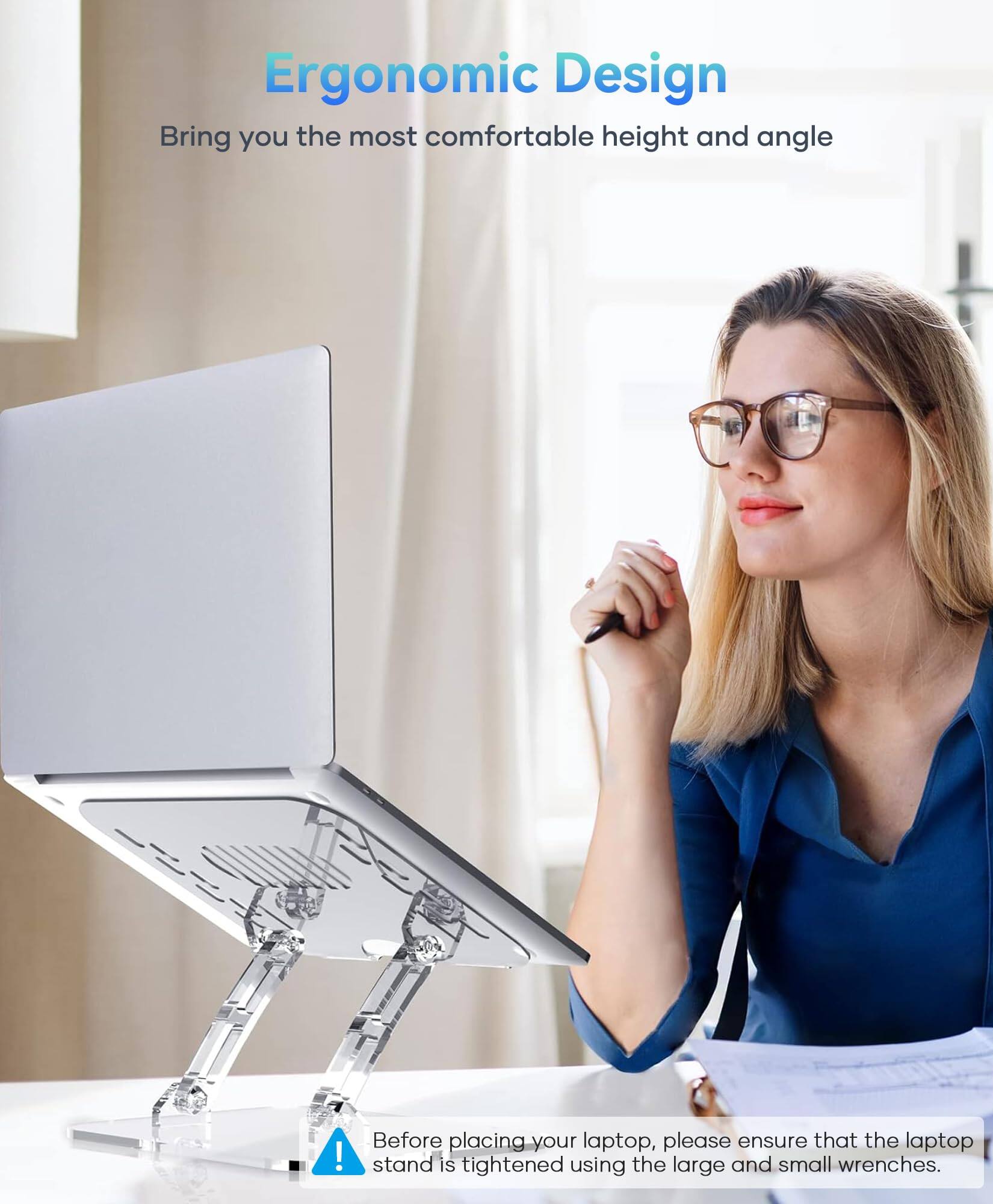 Ergonomic Design  
Bring you the most comfortable height and angle!

Before placing your laptop, please ensure that the laptop stand is tightened using the large and small wrenches.
