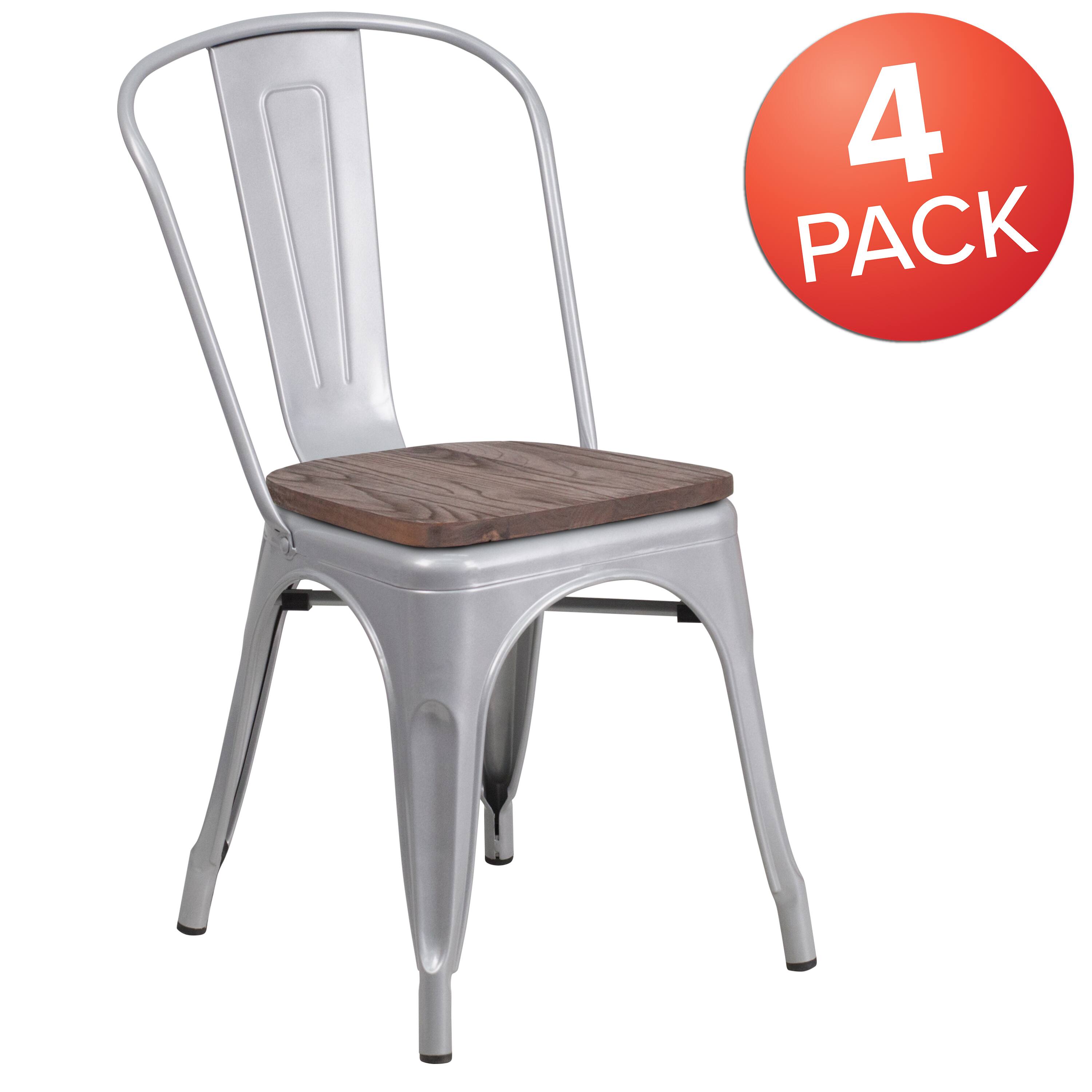 Alt View 2. Emma + Oliver - 4 Pack Metal Stackable Chair with Wood Seat - Silver.
