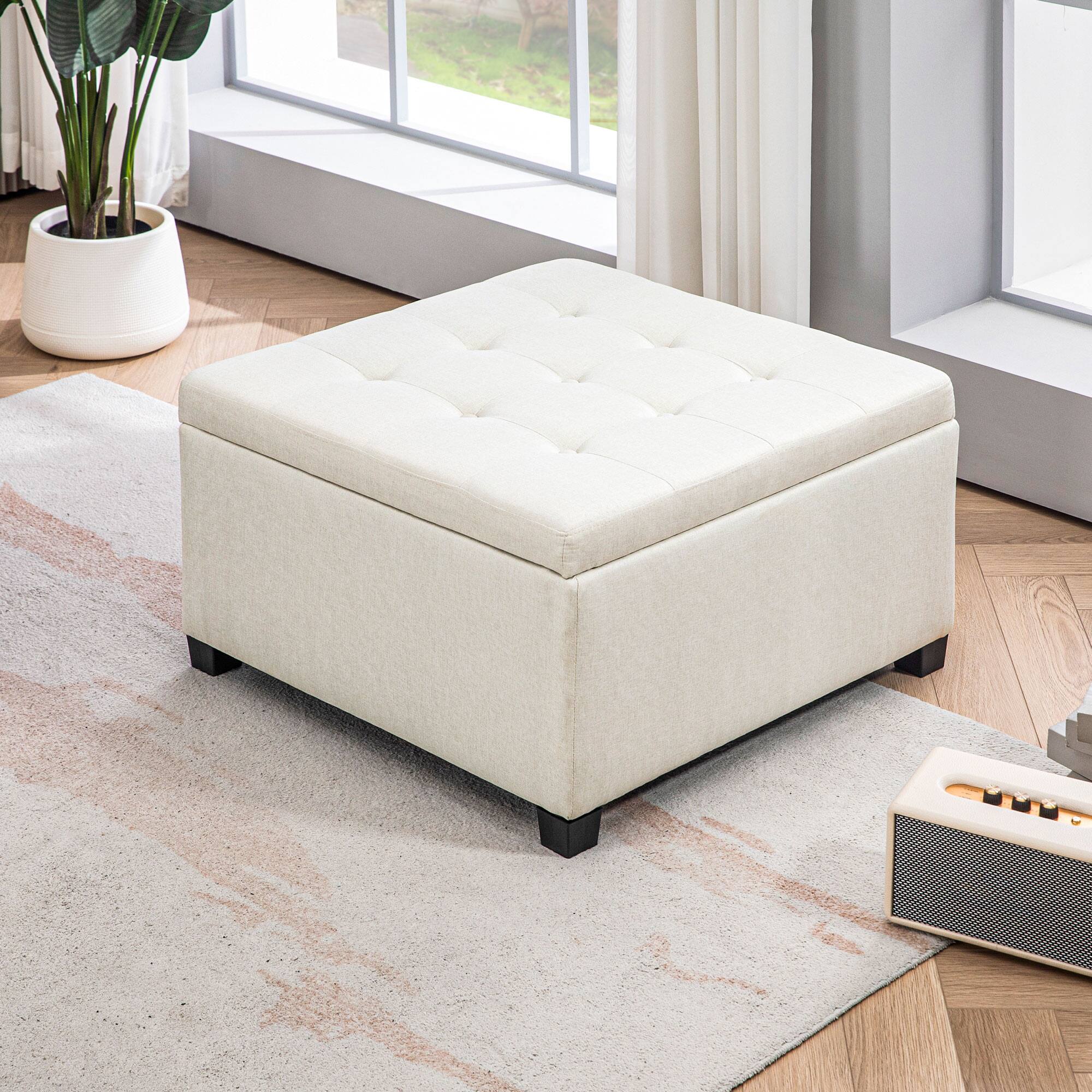 Alt View 8. Homcom - Fabric Tufted Square Storage Ottoman with Flip Top Seat Lid, Metal Hinge and Wood Frame for Living Room, Bedroom - Beige.