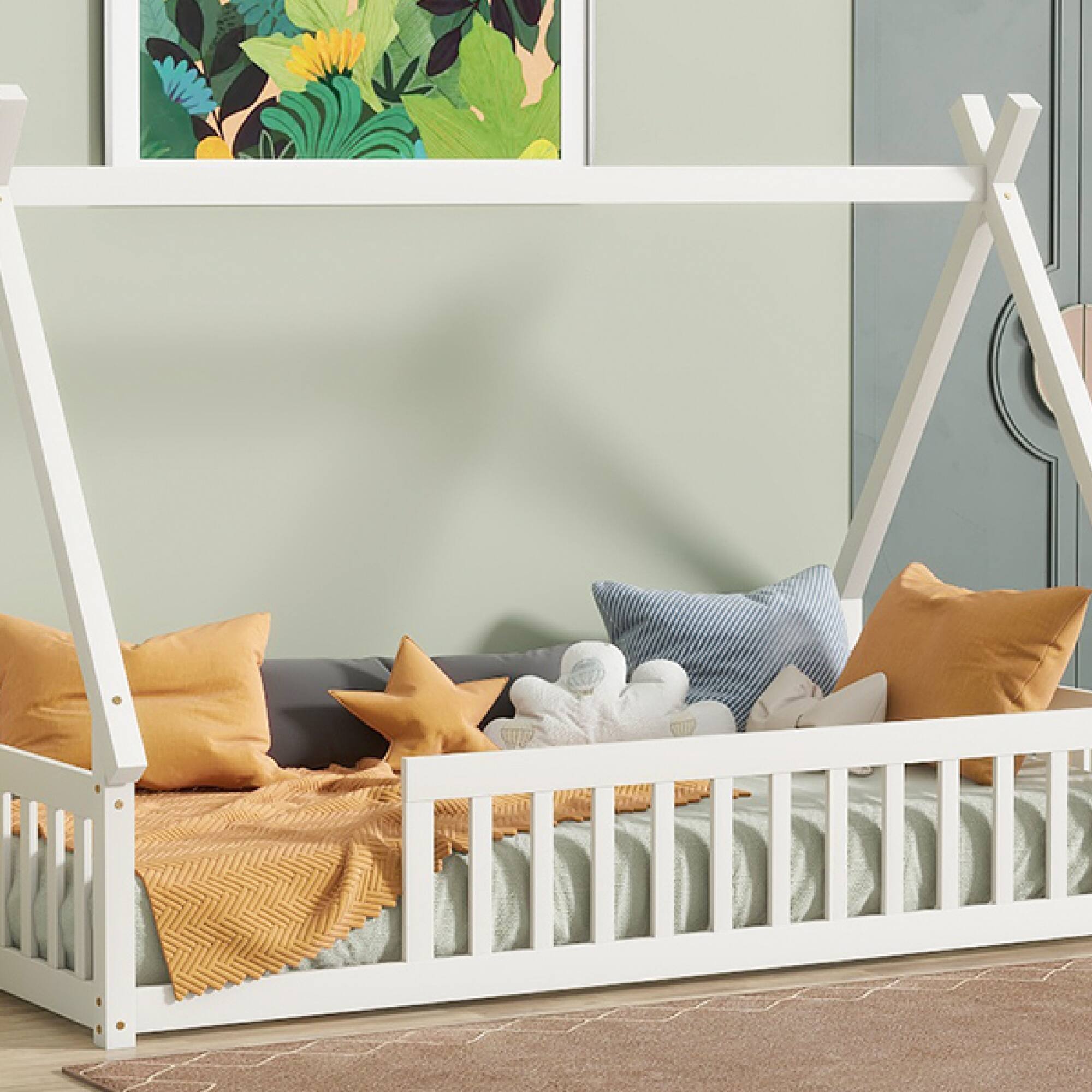 Alt View 10. GOODSILO - Twin-Size Tent-Shaped Low Profile Floor Bed with Safety Guardrails and Slatted Base - White.