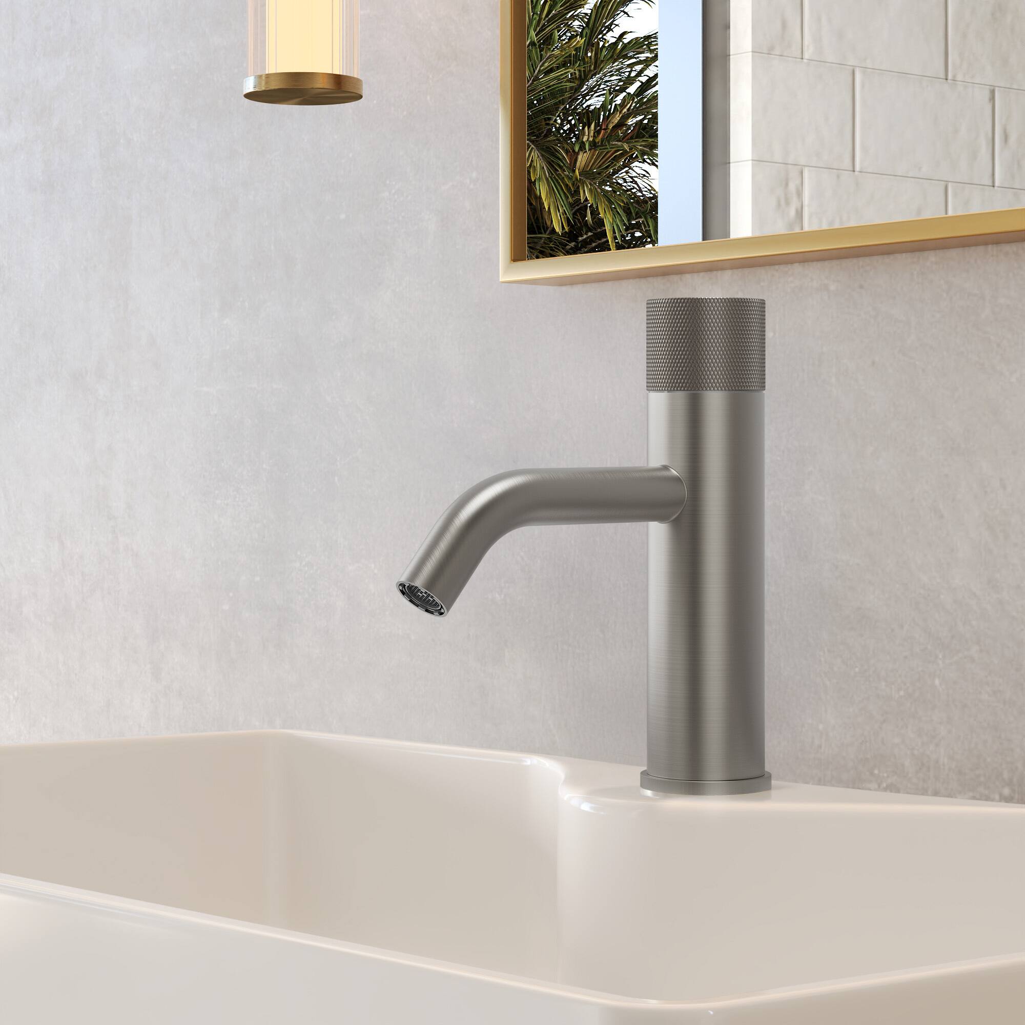 Angle. GRANDJOY - Low-Arc Single Handle Bathroom Sink Faucet with Knurled Texture and Pop-Up Drain Assembly - Brushed Nickel.