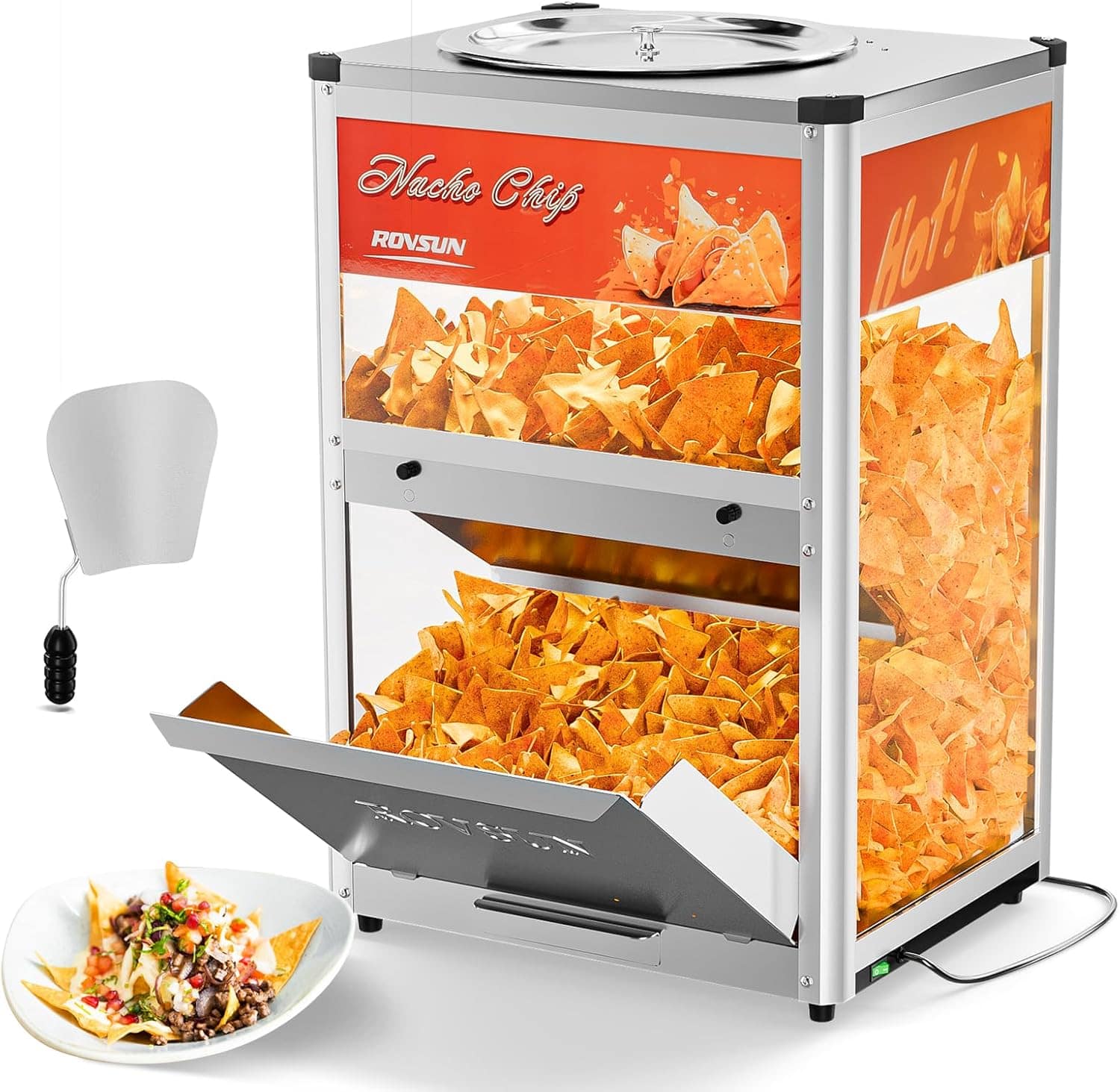 Winado - Nacho Machine Food Warmer, Nacho Chip Warmer Countertop Display Case with Warming Light, Removable Deflection,Glass Door - Silver