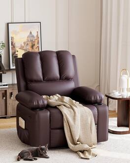 Jojoka - 37.4" Wide Oversized Recliner Chair, PU Leather Manual Recliner Chair with Cup Holder and Side Pockets - Coffee