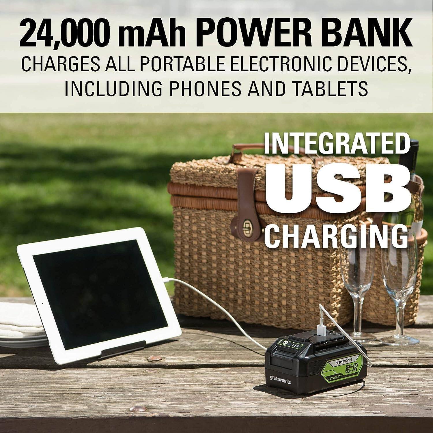 24,000 mAh Power Bank  
Charges all portable electronic devices, including phones and tablets  

Integrated USB Charging