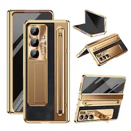 Dteck - Case For Samsung Galaxy Z Fold8 Ultra, Luxury Plate Rugged Kickstand Hinge Protection Cover w/ Front Screen Film+Stylus - Gold+Black