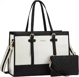 Vulpecula Spade - Laptop Bag for Women 15.6 inch Canvas Laptop Tote Bag, Large Capacity Work Bag with Clutch Purse - A-black & White