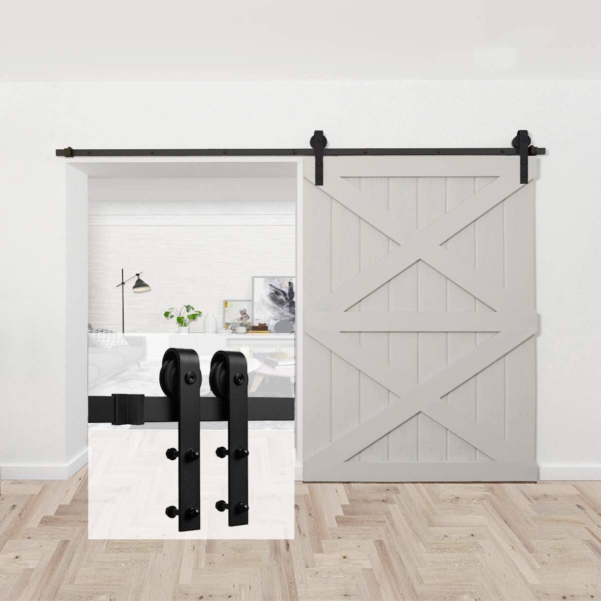 Front. Boyel Living - 10 ft./120 in. Black Bent Strap Sliding Barn Door Track and Hardware Kit for Single Door with Floor Guide - Black.