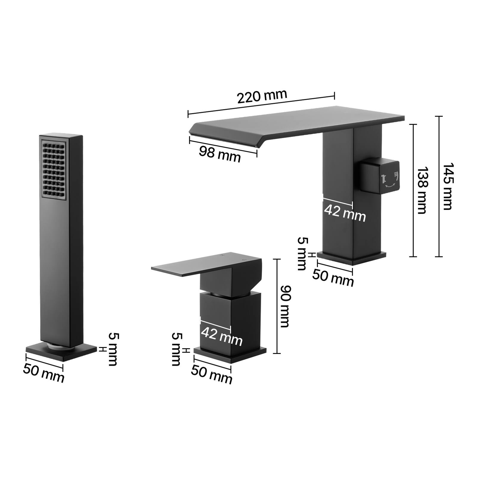 - 220 mm
- 98 mm
- 42 mm
- 138 mm
- 145 mm
- 50 mm
- 5 mm
- 90 mm
- 50 mm
- 5 mm
- 50 mm
- 5 mm
- 50 mm